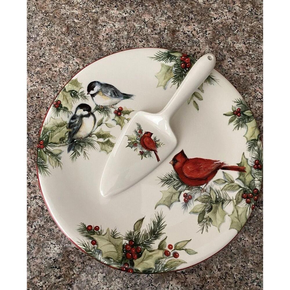 New holiday cake platter set 12” Round Cardinal Cake Plate With Cake Server A3 - Picture 2 of 7